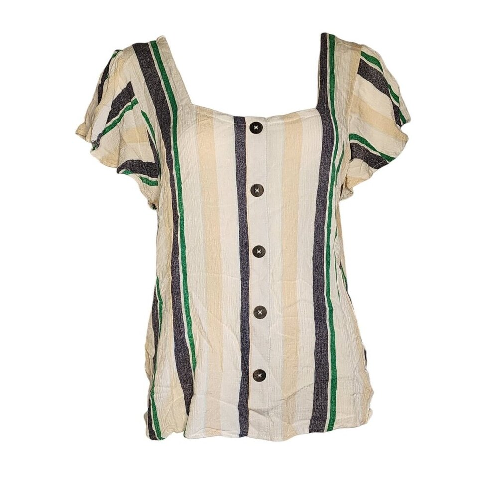 PEACE & PEARLS White Green‎ Gray Striped Button Front Top Womens Size XL